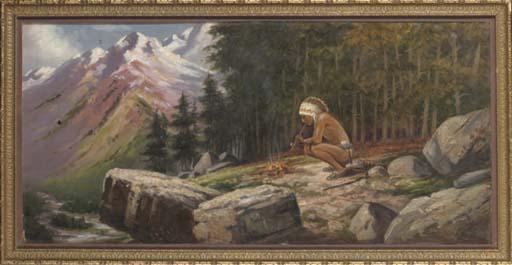 Henri Moreau - A Native American smoking a pipe by a fire