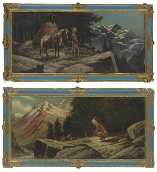 Henri Moreau - A Native American smoking a pipe by the fire; and A Native American with his horse overlooking snow capped mountains