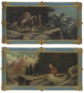 Henri Moreau - A Native American smoking a pipe by the fire; and A Native American with his horse overlooking snow capped mountains