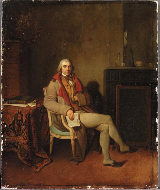 Henri Nicolas Van Gorp - Portrait of a gentleman, small seated full-length, holding La Gazette Nationale in his right hand, in an interior