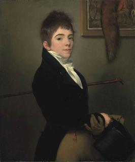 Henri-Pierre Danloux - Portrait of a young boy, half-length, in a blue coat, a stick under his left arm, a glove and hat in his right hand, standing beside a painting of a hunting scene and a hanging fox\'s brush