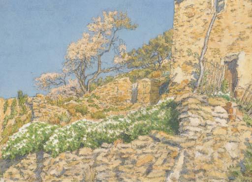 Henri Rivière - Une maison en ruine avec un mur au premier plan