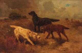 Henri Schouten - Irish setters in a heath landscape, sportsmen in the background