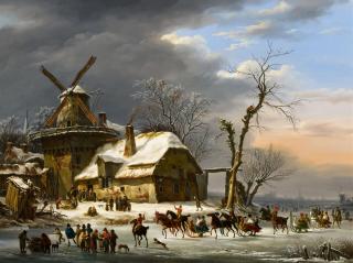 Henri van Assche - Winterliches Treiben auf einem zugefrorenen Fluss vor einer Windmühle