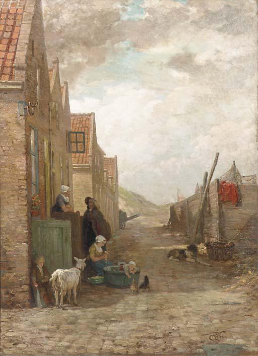 Henri Van Seben - Figures and animals in a small street, Arnemuiden