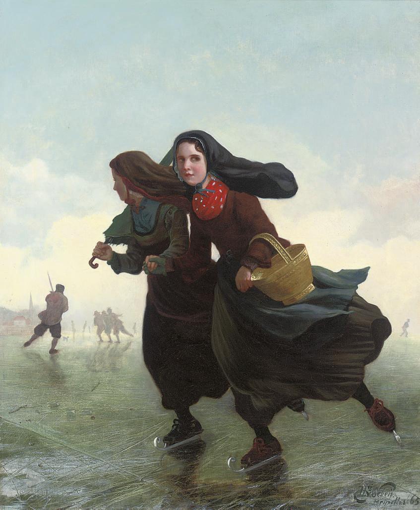 Henri Van Seben - Skaters on a frozen waterway