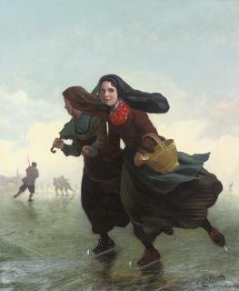 Henri Van Seben - Skaters on a frozen waterway