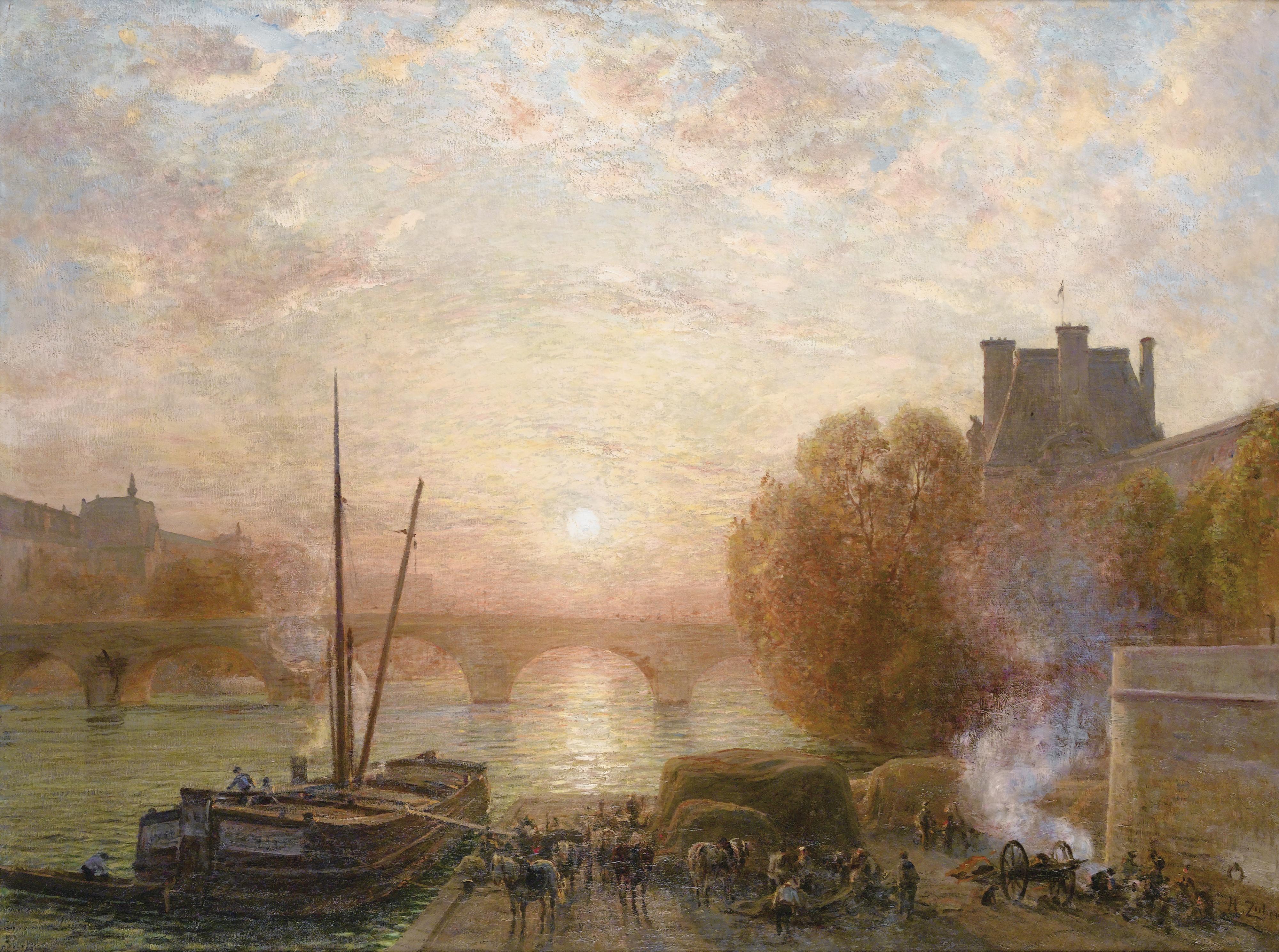Henri Zuber - Paris, La Seine Et Le Louvre Au Soleil Couchanthenri Zuber ; Paris, The Seine And The Louvre At Sunset ; Signed Lower Right ; Oil On Canvas