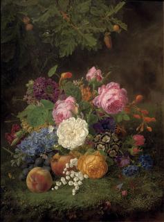 Henriette Geertruida Knip - A colourful bouquet of flowers and various fruits on a forest floor