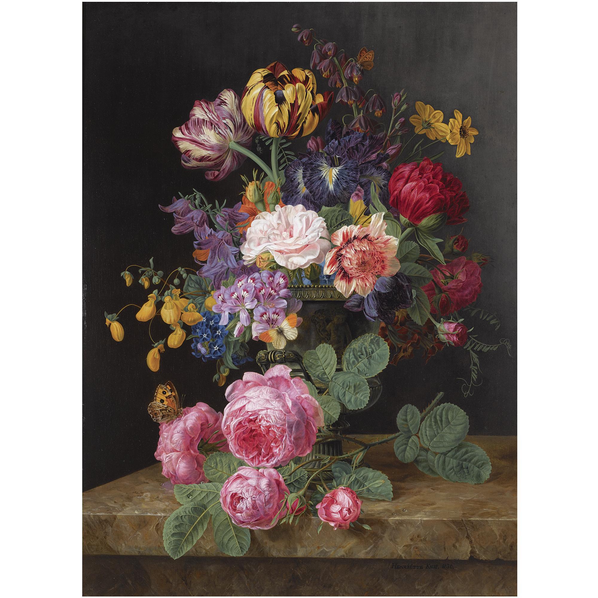 Henriëtte Geertruida Knip - Dutch A Still Life With Roses, Tulips And Other Flowers