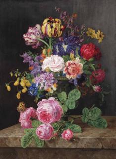 Henriëtte Geertruida Knip - Roses, Tulips, Lady\'S Purses, Black Irises And Other Flowers In A Vase, And A Stem Of Pink Roses, On A Stone Ledge