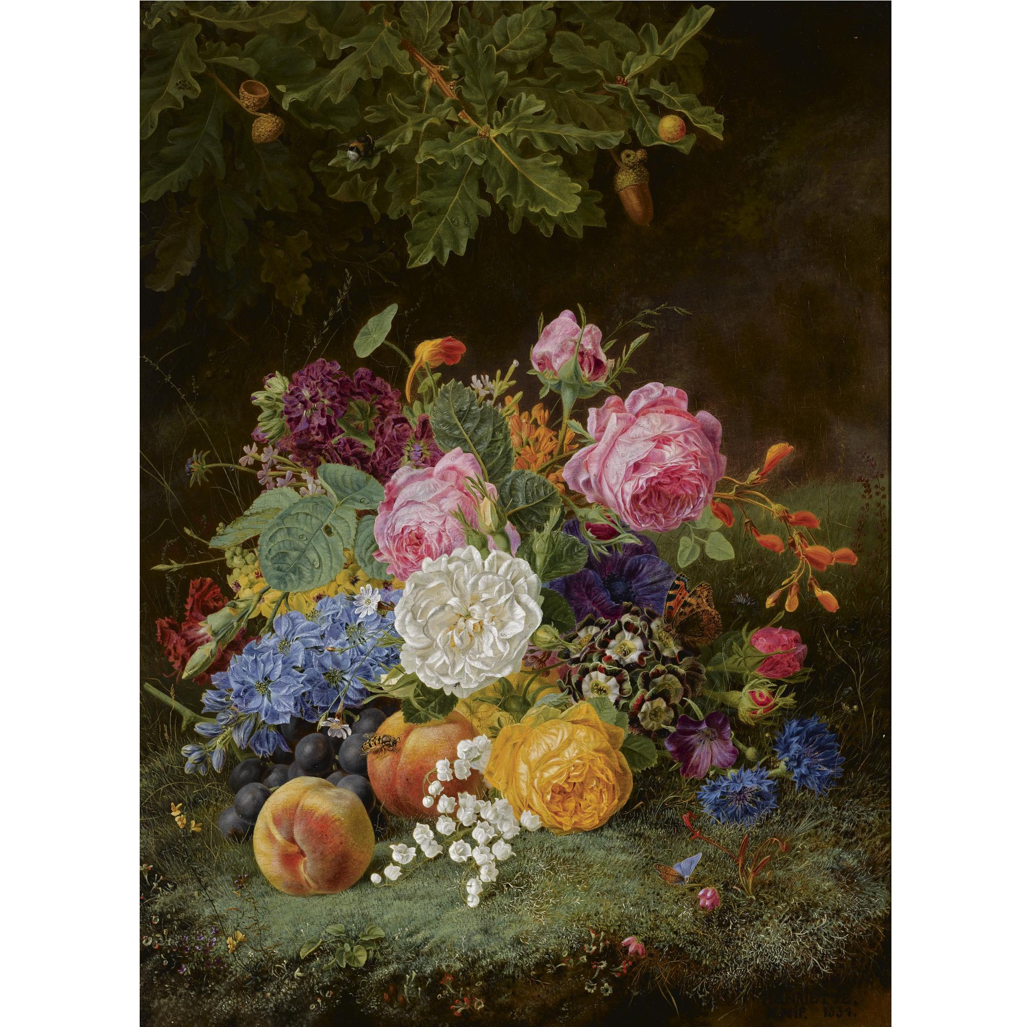 Henriette Gertrude Knip - Dutch A Still Life With Flowers And Fruit On A Forest Ground
