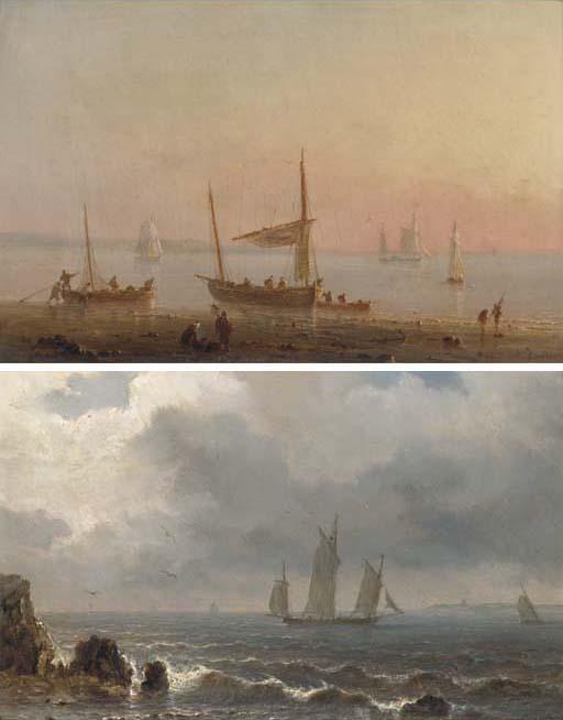 Henriëtte Gudin - Low tide at dusk; and A threemaster off a rocky coast