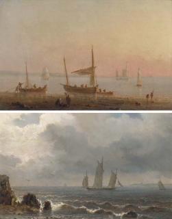 Henriëtte Gudin - Low tide at dusk; and A threemaster off a rocky coast