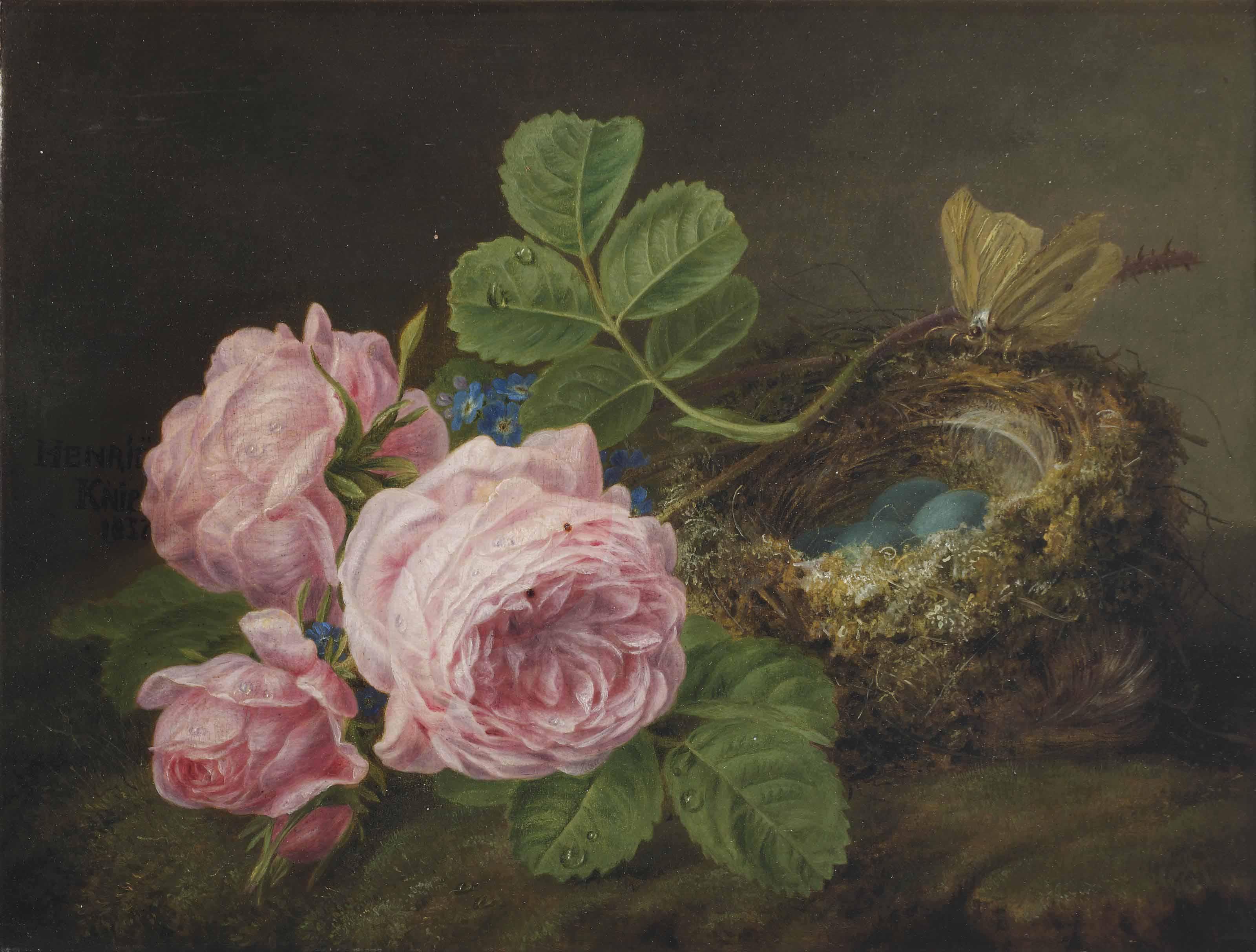 Henriëtte Knip - Pink roses and forget-me-nots with a bird\'s nest on a forest floor
