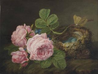 Henriëtte Knip - Pink roses and forget-me-nots with a bird\'s nest on a forest floor