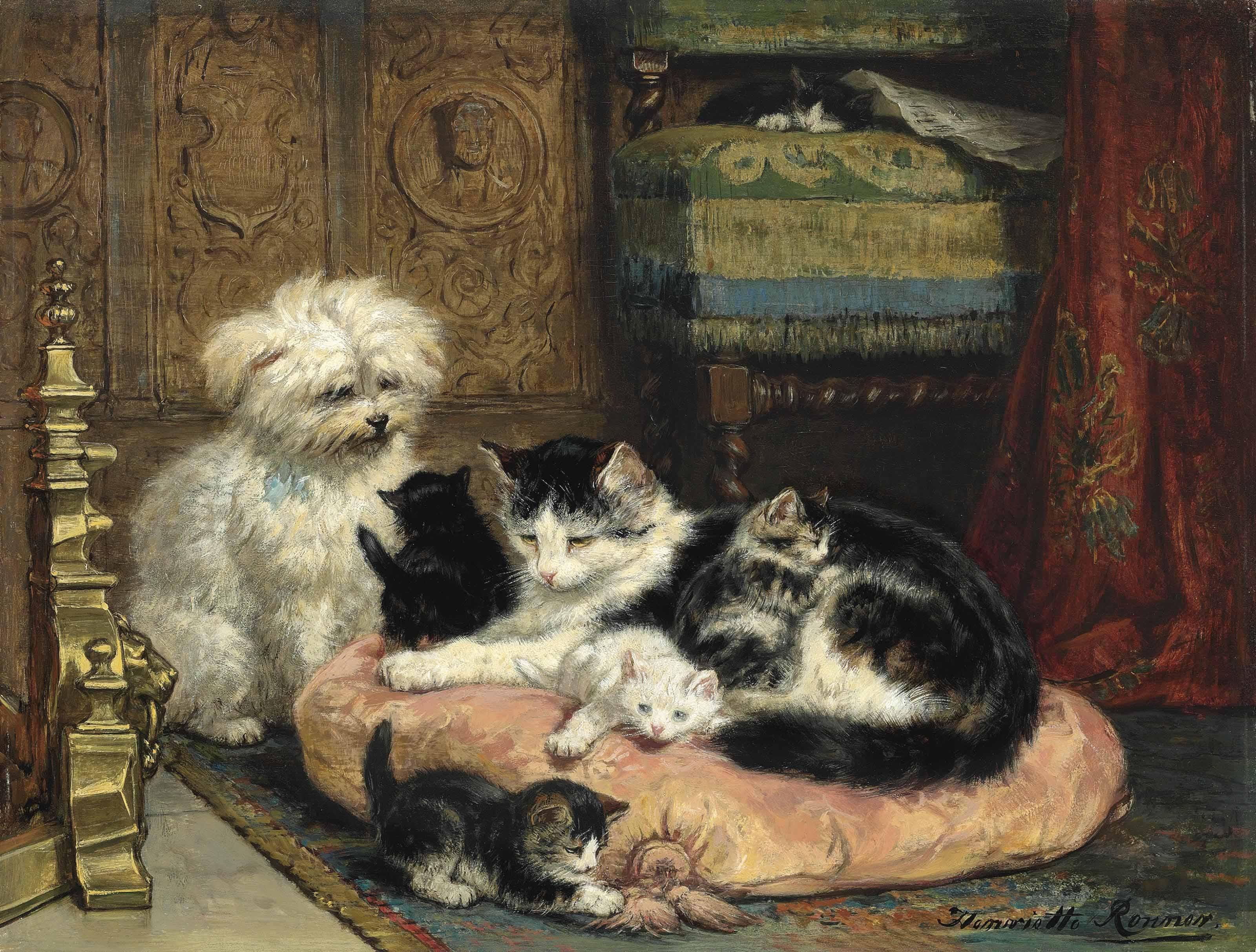 Henriëtte Ronner-Knip - A mother with her playful kittens watched over by a terrier