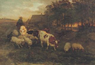 Henriette Ronner - A herdsman and cattle in a Brabantine landscape