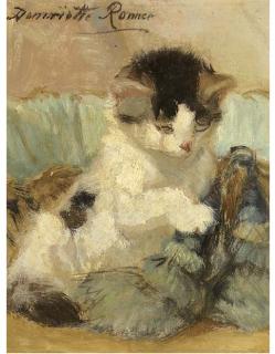 Henriëtte Ronner - A kitten playing with a tassle - an oil study