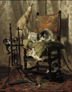 Henriette Ronner - Playful kittens by a spinning wheel