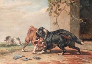 Henriëtte Ronner - Twee honden vechten om een been, de derde loopt er mee heen