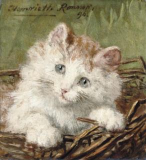 Henriette Ronner - White kitten in a basket