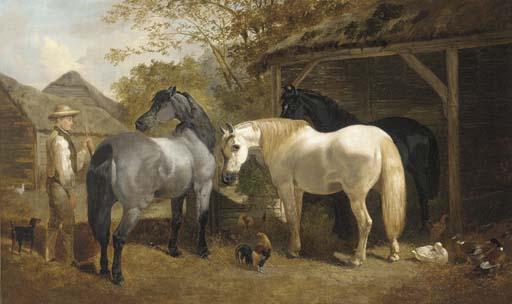Henry A. Woollett - A farmhand, horses, chickens and ducks in a farmyard
