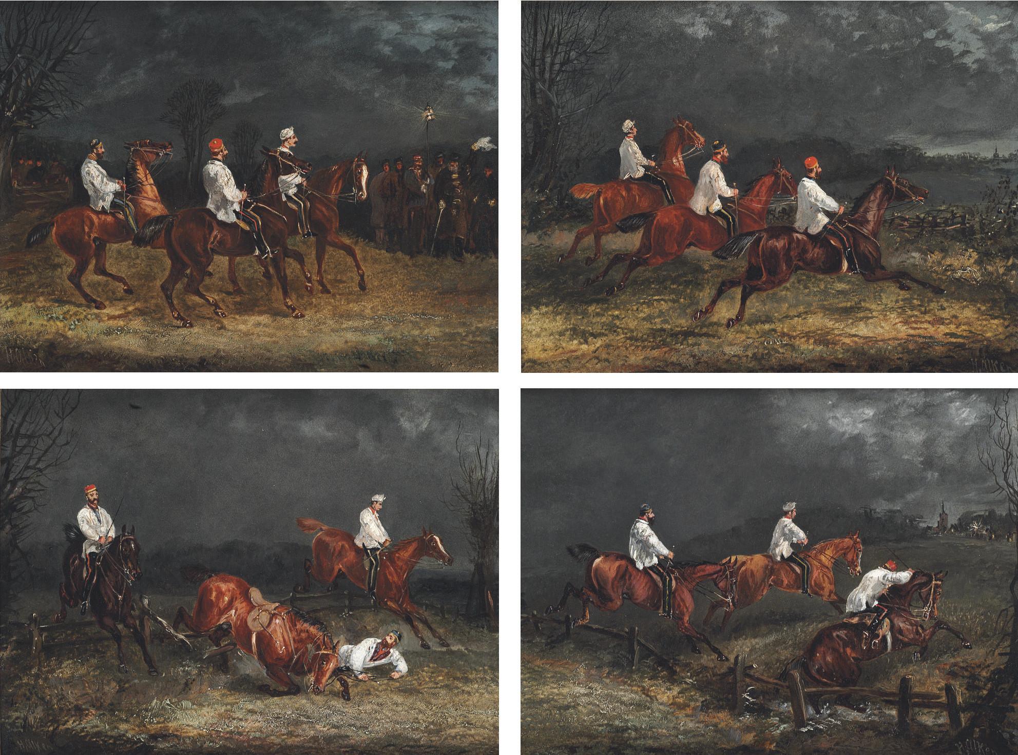 Henry Alken, Sen. - The Night Riders at Nacton: The Start; First Jump: The Fall; and The Finish