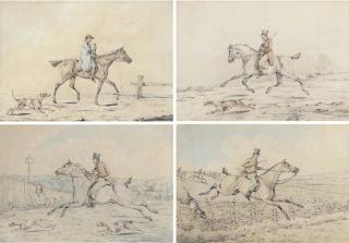 Henry Alken, Snr. - Hacking to the meet; Approaching the fence; Over the fence; and Trotting on