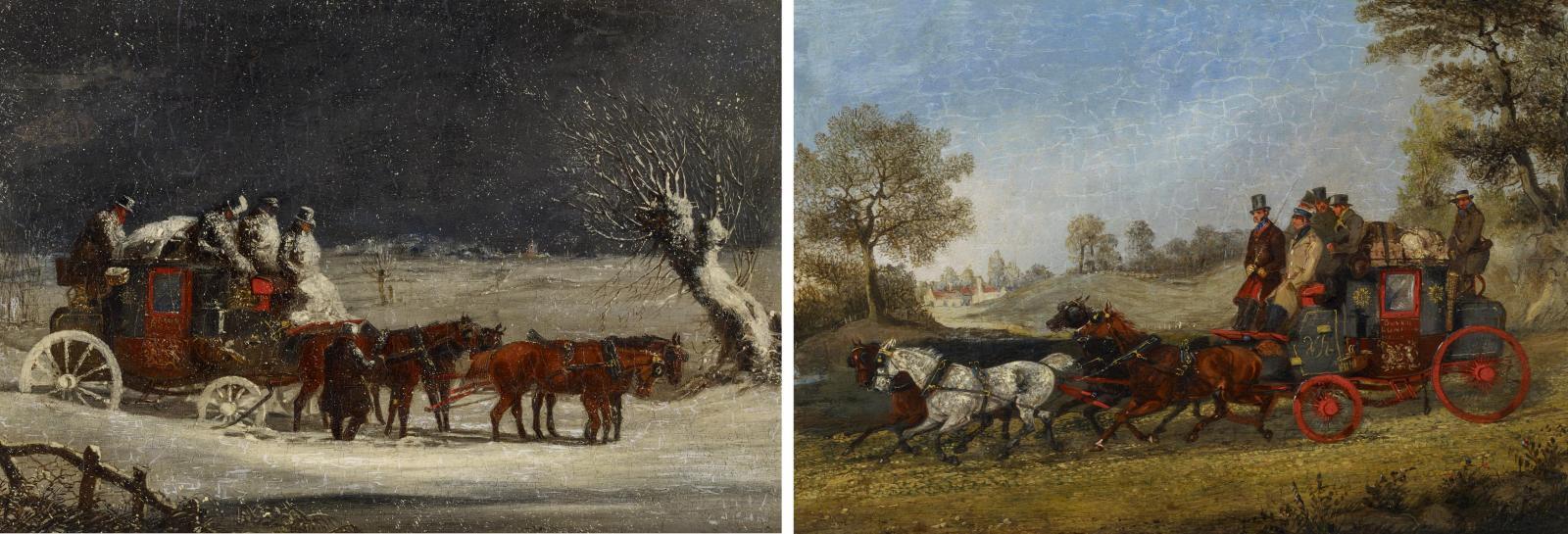 Henry Alken - Zwei Gemälde: Postkutsche im Sommer. Sowie Postkutsche im Winter