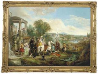 Henry Andrews - An Elegant Hunting Party Before A Villa, An Extensive Landscape Beyond