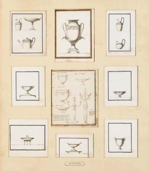 Henry Auguste - Neuf Projets D\'Argenterie: Une Aiguière, Une Coupe Et Une Théière; Une Fontaine À Café; Une Cafetière Et Un Pot À Crême; Une Soupière; Un Seau À Demi-Bouteille, Un Seau À Glace, Un Trépied Compotier, Un Vase À Fruits Et Une Girandole À