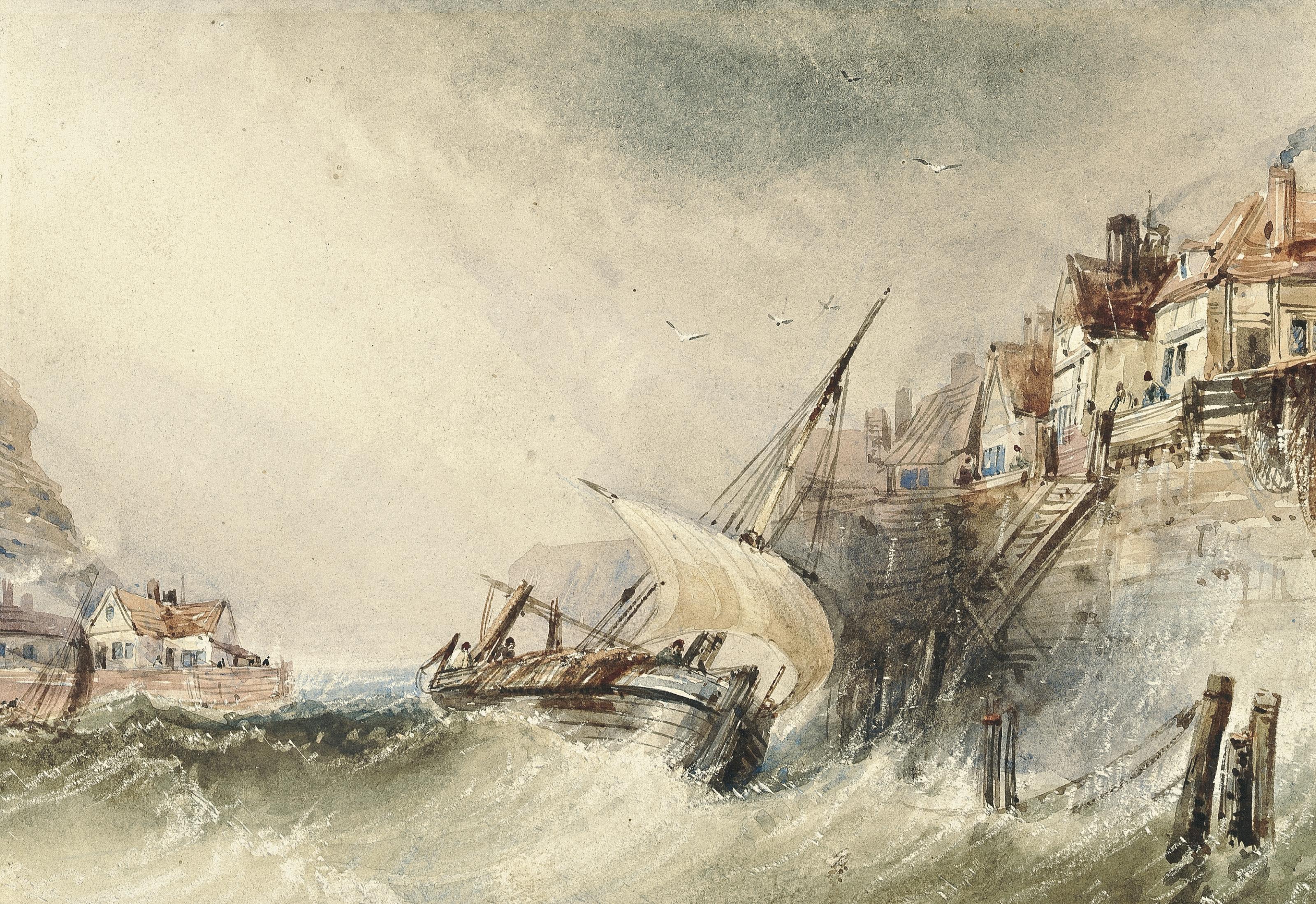 Henry Barlow Carter - A fishing boat running into a harbour in a gale (illustrated); A fishing smack in a squall off a rocky coastline; and Stormy weather with fishermen on the shore