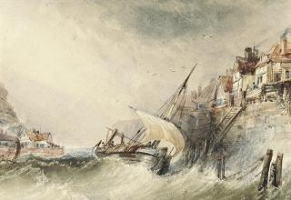 Henry Barlow Carter - A fishing boat running into a harbour in a gale (illustrated); A fishing smack in a squall off a rocky coastline; and Stormy weather with fishermen on the shore
