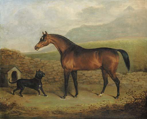 Henry Barnard Chalon - The Sligo Waxy, a bay racehorse, with a Manchester terrier, in a field