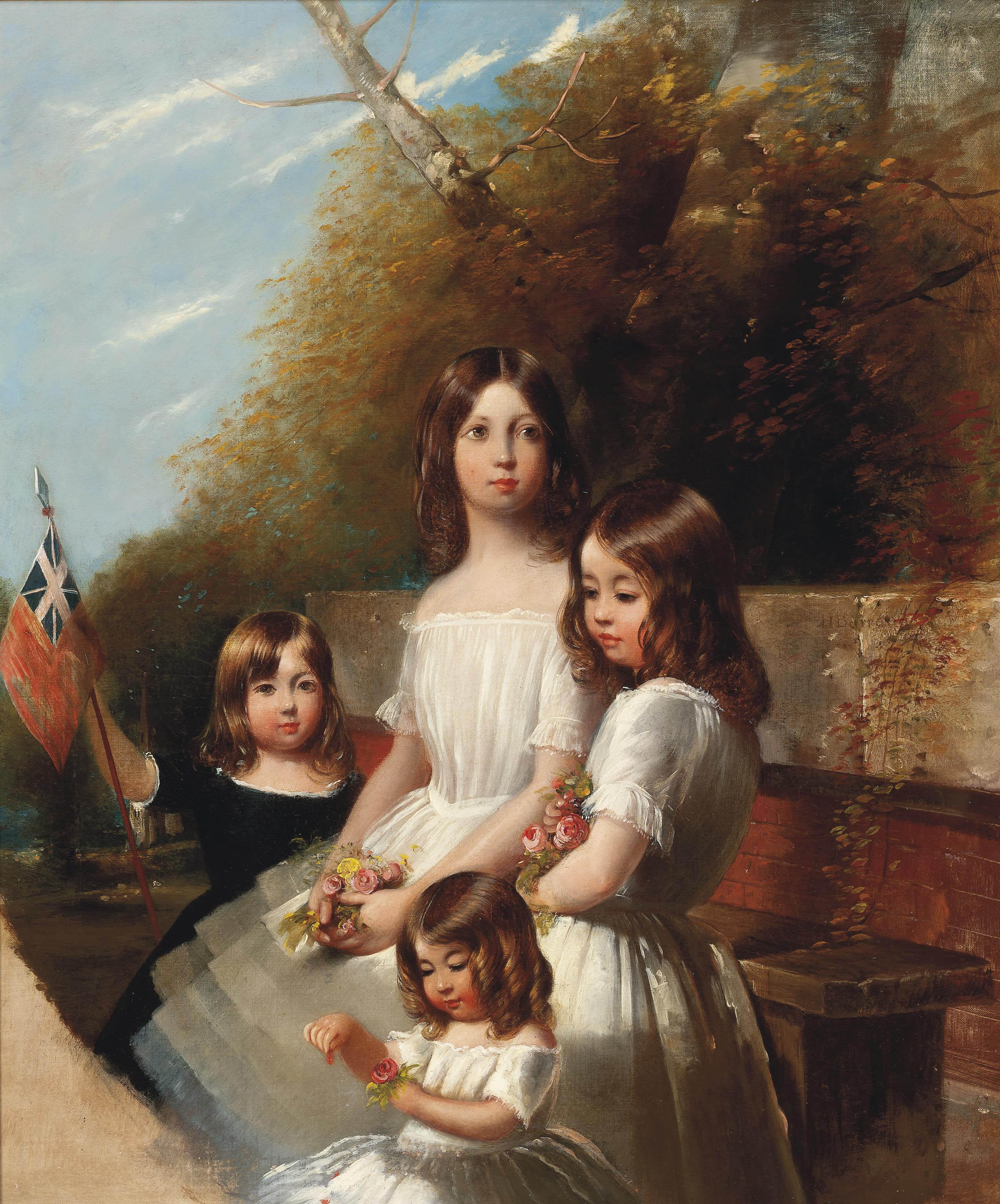 Henry Barraud - Group Portrait Of Four Children In A Landscape, Holding Flowers And A Flag
