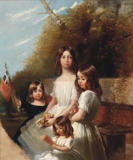 Henry Barraud - Group Portrait Of Four Children In A Landscape, Holding Flowers And A Flag