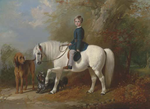 Henry Barraud - Master Beresford Lowndes on his pony with two dogs at the edge of a wood