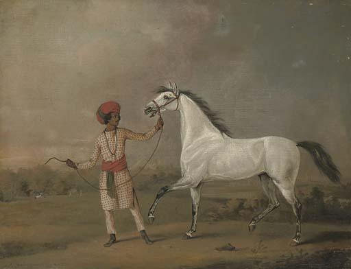 Henry Bernard Chalon - An Arab Stallion Held By An Indian Groom In An Exotic Landscape, Figures Beyond