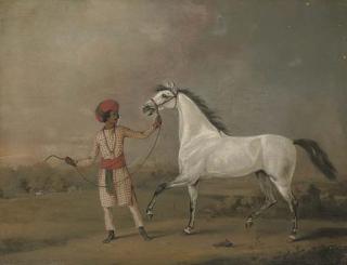 Henry Bernard Chalon - An Arab Stallion Held By An Indian Groom In An Exotic Landscape, Figures Beyond