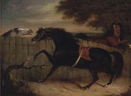 Henry Bernard Chalon - The stallion Smolensko with a grey mare and another horse by a fence