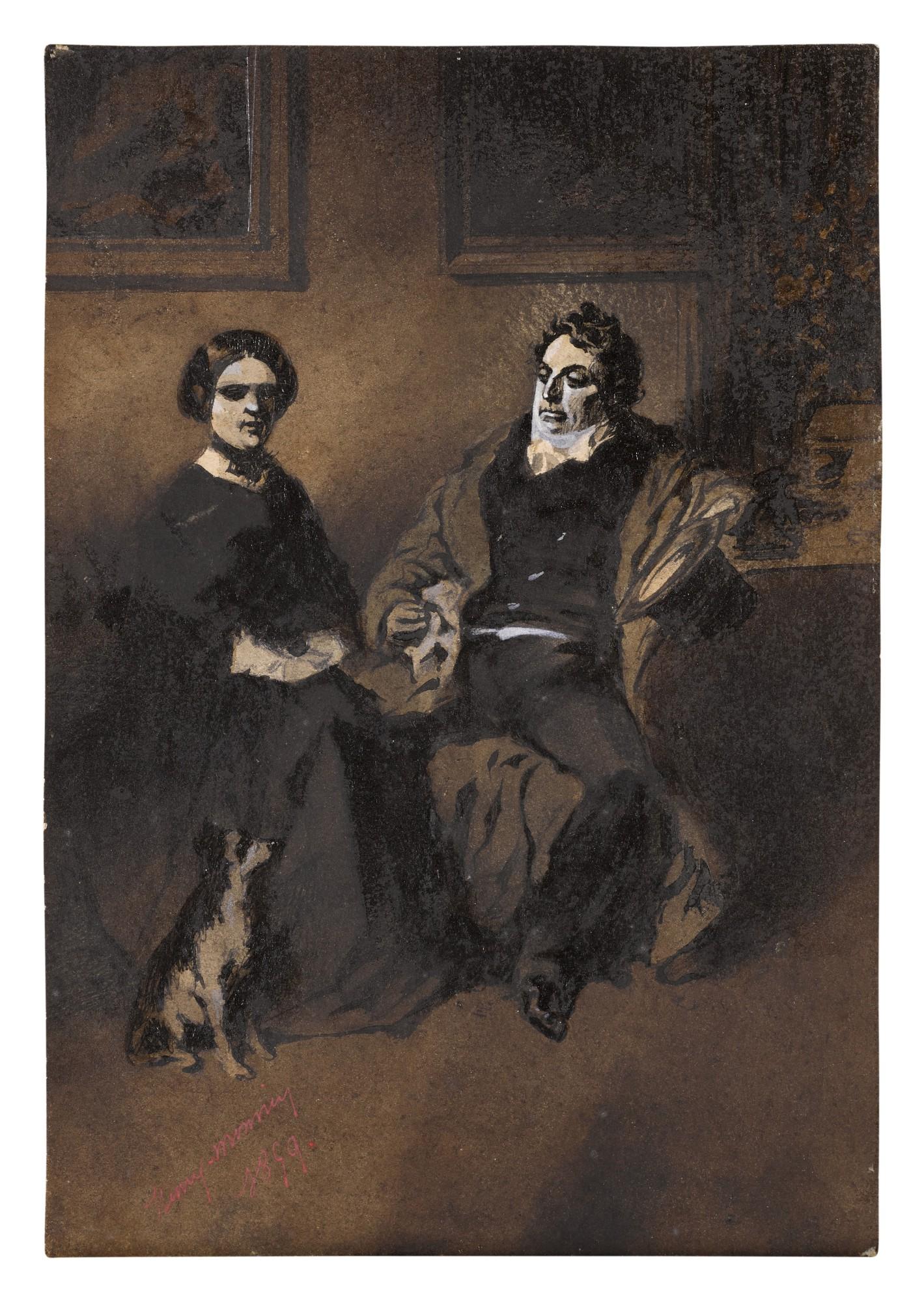 Henry Bonaventure Monnier - Three drawings: A) Portrait of the actor Frédérick Lemaître with his wife and dog B) A Conversation C) A Restaurant Interior