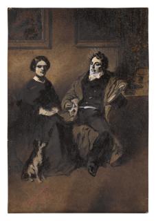 Henry Bonaventure Monnier - Three drawings: A) Portrait of the actor Frédérick Lemaître with his wife and dog B) A Conversation C) A Restaurant Interior