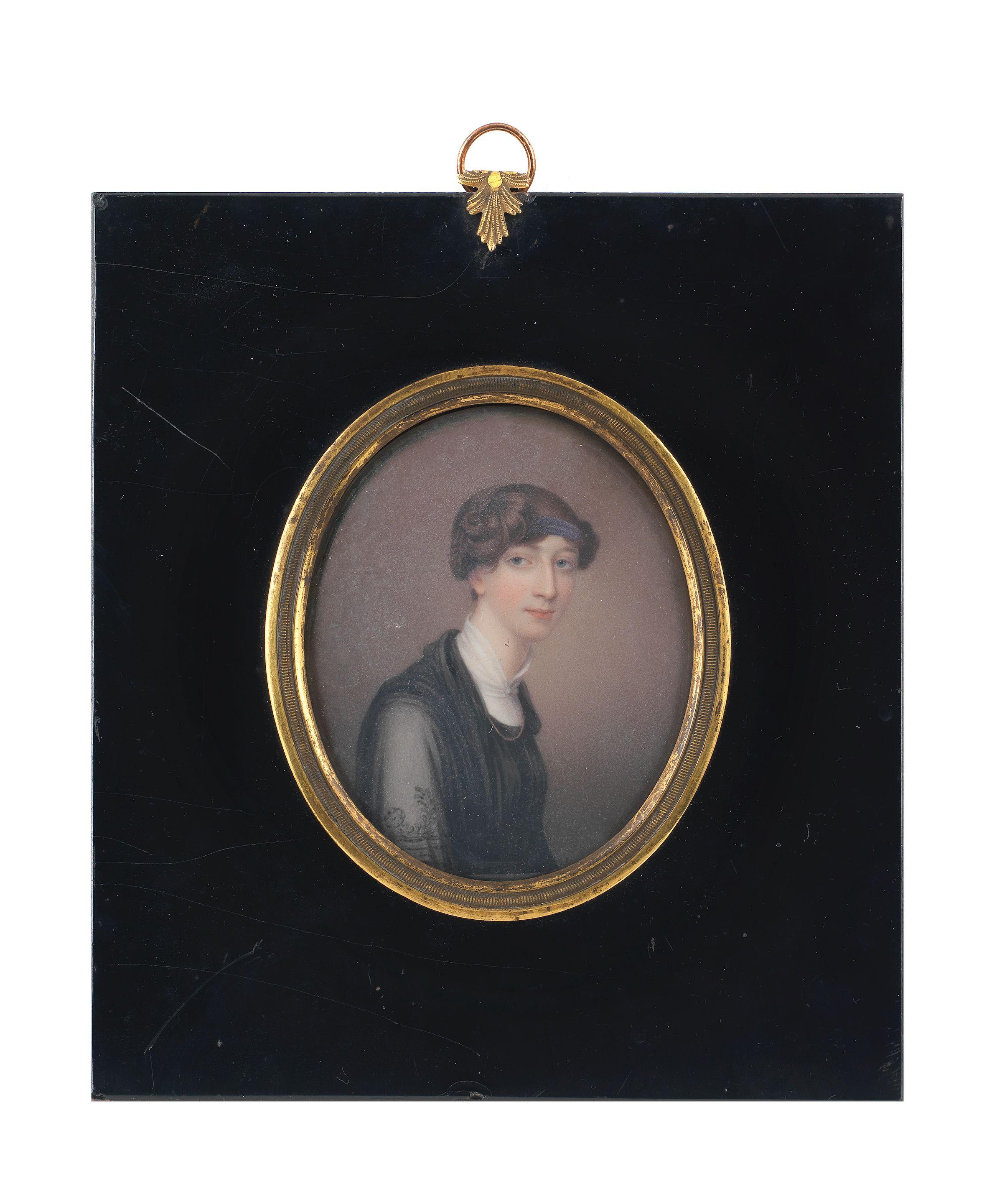 Henry Bone R.A. - A portrait miniature of the Hon. Catherine Isabella Vansittart née Eden, wearing a black dress over her white chemise, her upswept and braided hair dressed with a purple bandeau