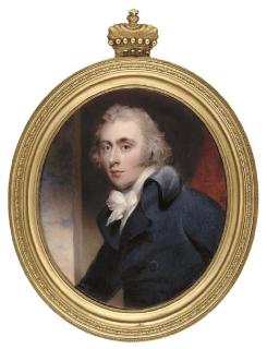 Henry Bone, R.A. - Charles Grey (1764-1845), M.P., facing left in blue coat, white waistcoat and tied cravat, powdered hair; red curtain, pillar and sky background