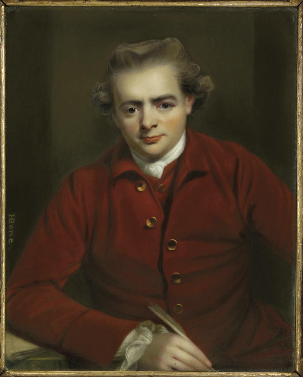 Henry Bone, R.A. - John Gawler (1727-1803), in red jacket and waistcoat with gold buttons, fine linen shirt, knotted cravat, holding a quill in his right hand and resting his arm on a book positioned upon a table