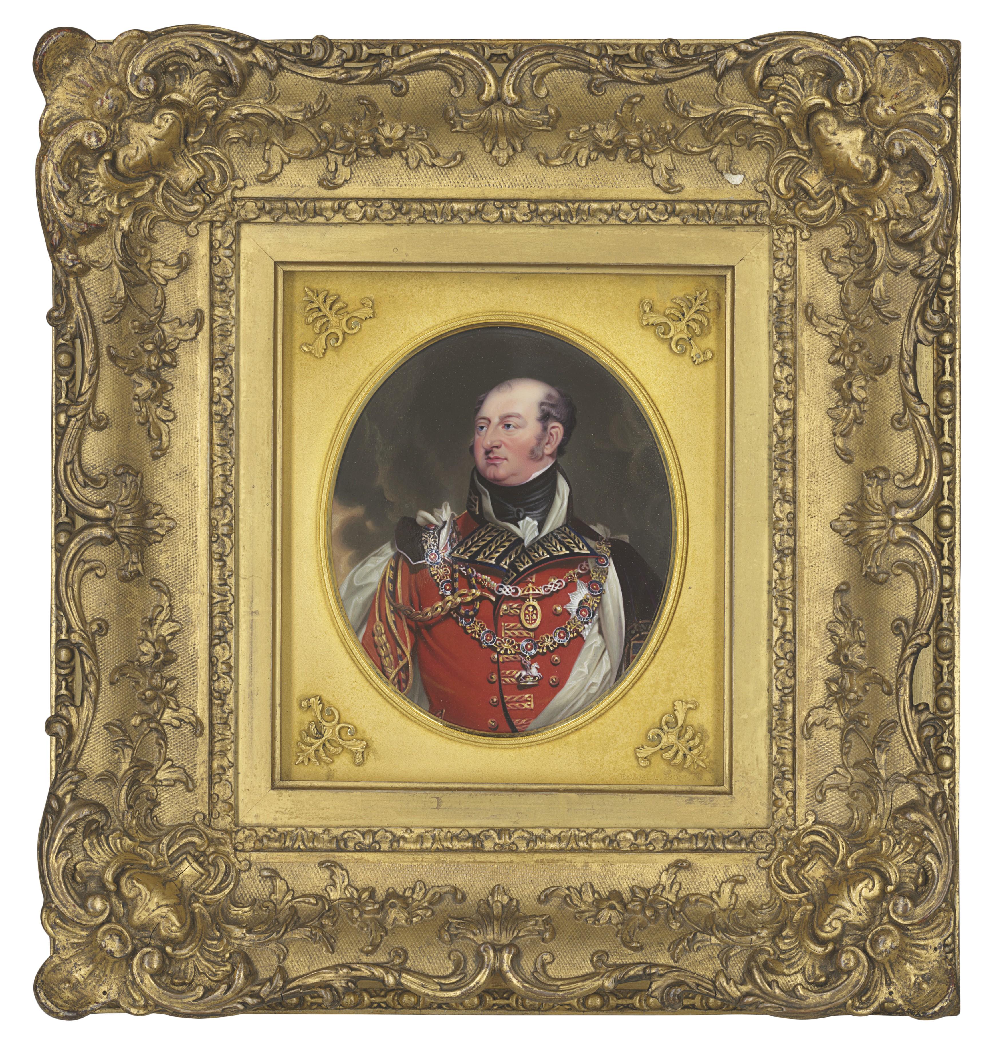 Henry Bone, R.A. - Portrait of Frederick, Duke of York and Albany (1763-1827), wearing Field Marshal\'s scarlet uniform, white silk lined black velvet mantle, collar and breast star of the Order of the Garter and collar of the Order of the Bath