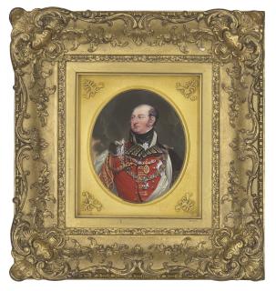 Henry Bone, R.A. - Portrait of Frederick, Duke of York and Albany (1763-1827), wearing Field Marshal\'s scarlet uniform, white silk lined black velvet mantle, collar and breast star of the Order of the Garter and collar of the Order of the Bath
