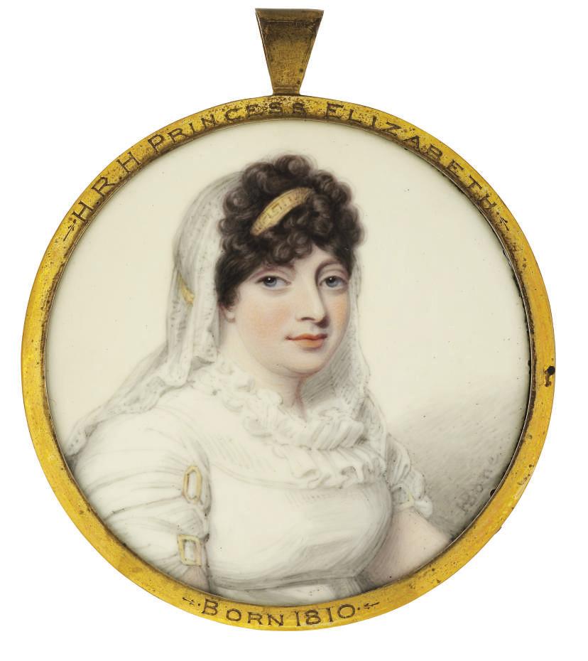 Henry Bone, R.A. - Princess Elizabeth (1770-1840), in white muslin dress with white double-frilled collar and gold double clasps on her sleeves, white veil and golden bandeau with greek-key pattern in her upswept curling brown hair