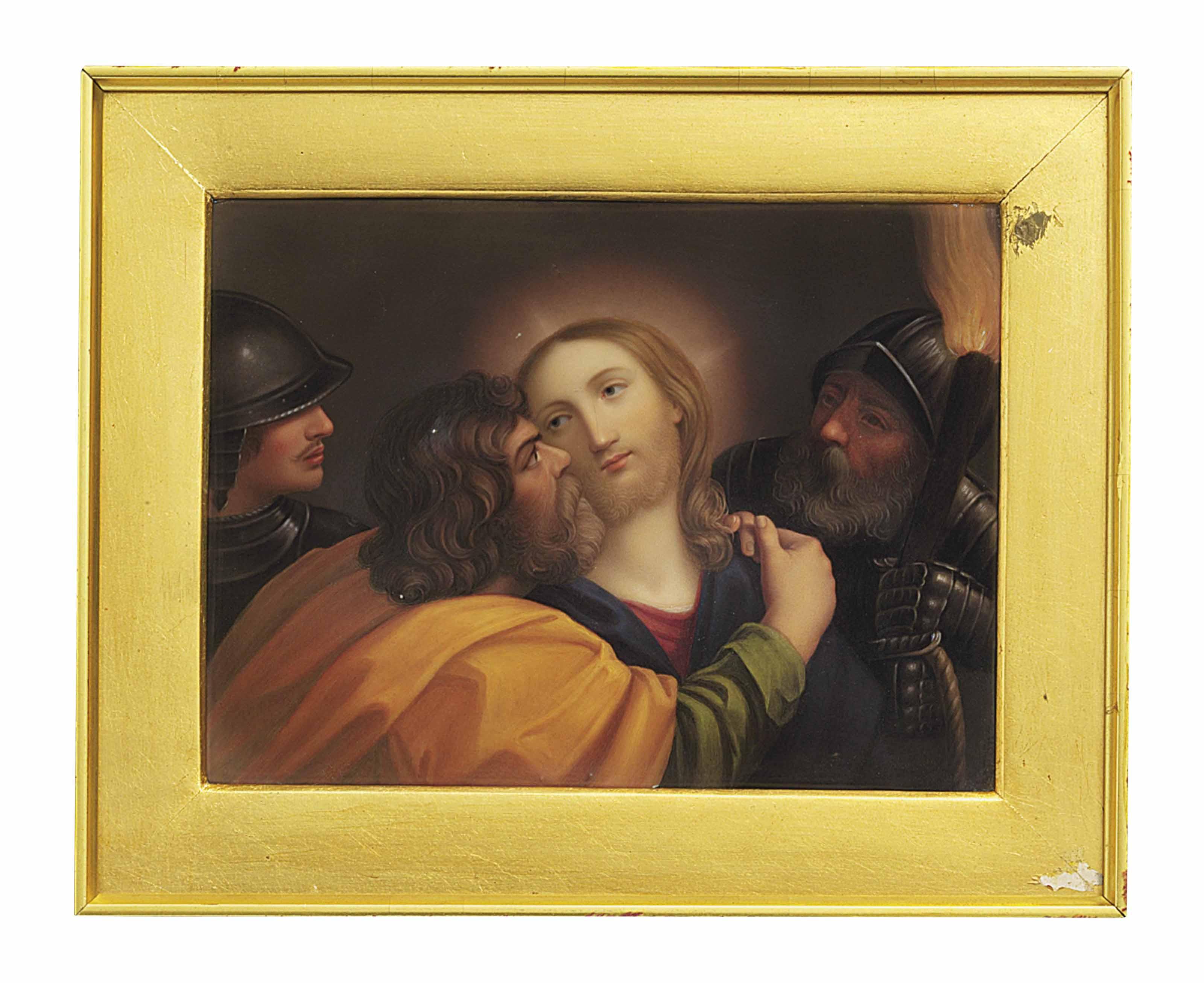 Henry Bone, R.A. - The Betrayal of Christ: Christ, in red and blue robes, embraced by Judas, in green and gold robes, being led away by soldiers in armour, one carrying a torch